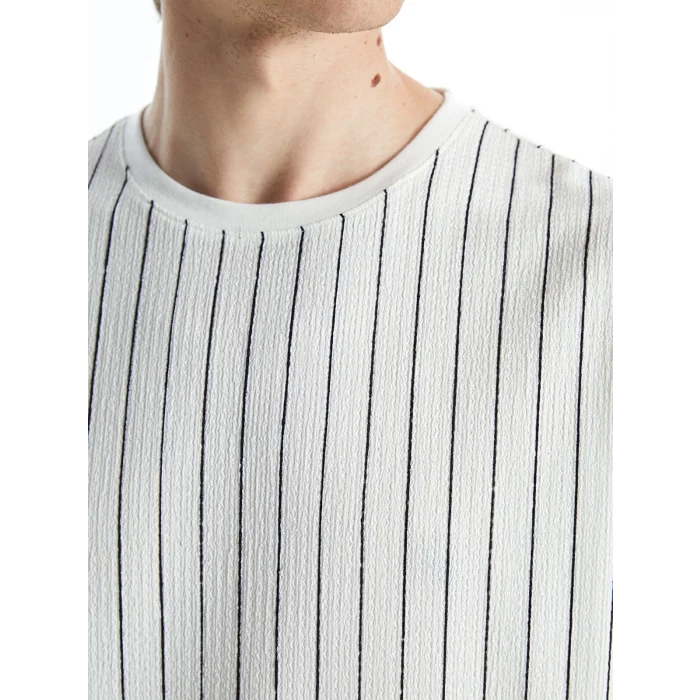 LCW Vision Beyaz Bisiklet Yaka Kısa Kollu Çizgili Erkek Dokulu Tişört