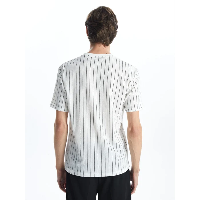 LCW Vision Beyaz Bisiklet Yaka Kısa Kollu Çizgili Erkek Dokulu Tişört