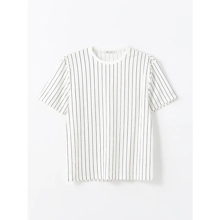 LCW Vision Beyaz Bisiklet Yaka Kısa Kollu Çizgili Erkek Dokulu Tişört