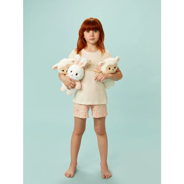 LCW Kids Ekru Bisiklet Yaka Kız Çocuk Şortlu Pijama Takımı