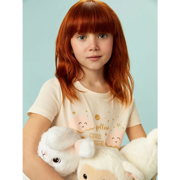 LCW Kids Ekru Bisiklet Yaka Kız Çocuk Şortlu Pijama Takımı