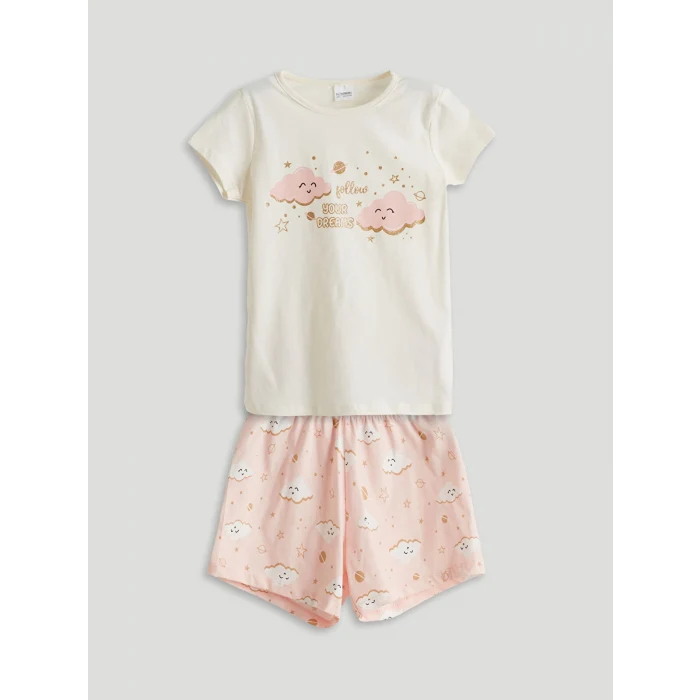 LCW Kids Ekru Bisiklet Yaka Kız Çocuk Şortlu Pijama Takımı