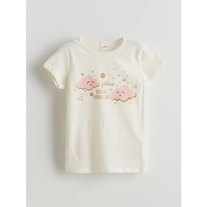 LCW Kids Ekru Bisiklet Yaka Kız Çocuk Şortlu Pijama Takımı