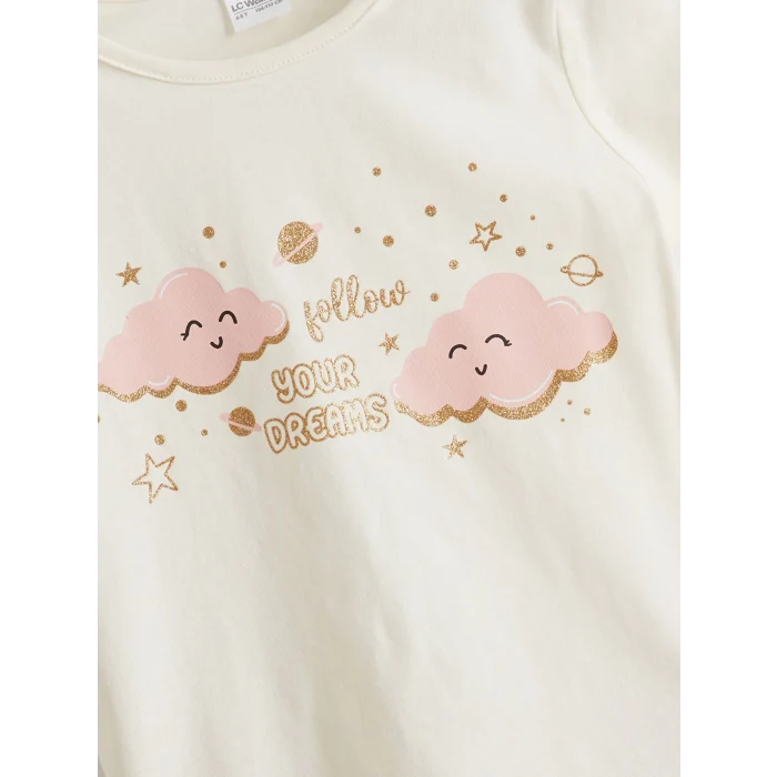 LCW Kids Ekru Bisiklet Yaka Kız Çocuk Şortlu Pijama Takımı