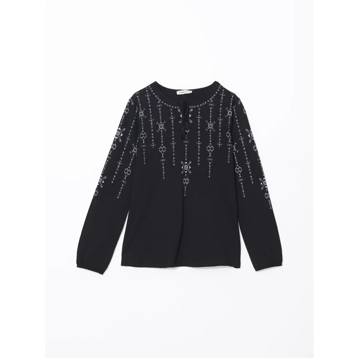 LCW Grace Siyah Bağlamalı Yaka Desenli Kadın Bluz