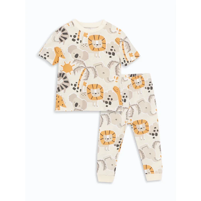 LCW baby Bej Bisiklet Yaka Baskılı Erkek Bebek Pijama Takımı