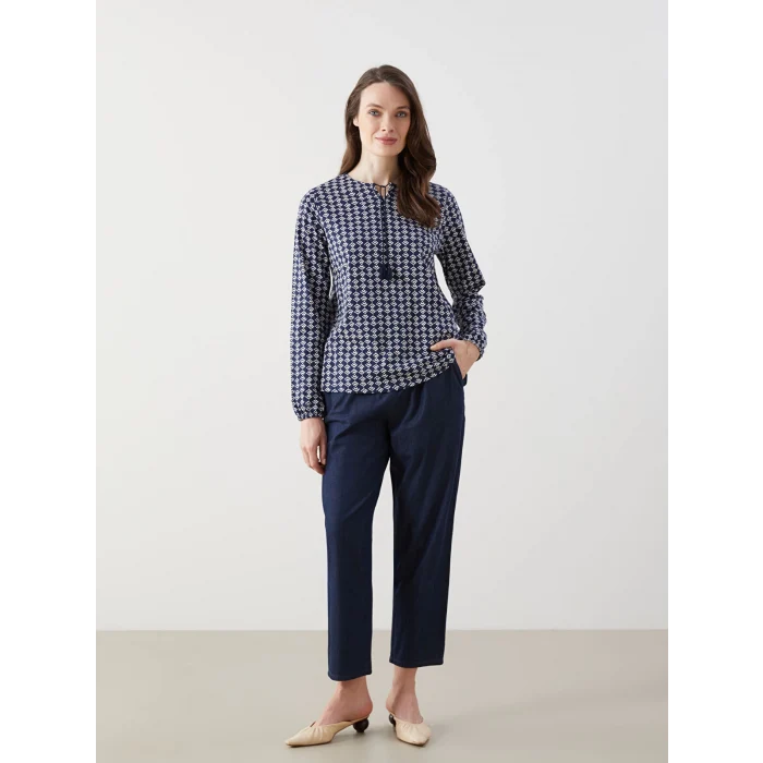 LCW Grace Lacivert Bağlamalı Yaka Desenli Kadın Bluz