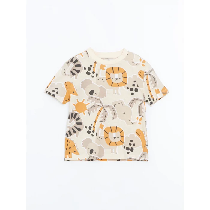 LCW baby Bej Bisiklet Yaka Baskılı Erkek Bebek Pijama Takımı