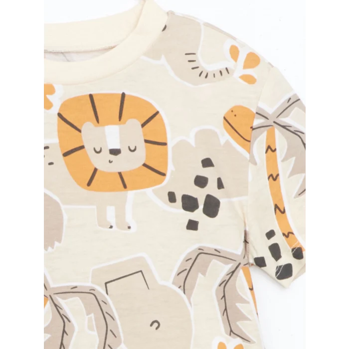 LCW baby Bej Bisiklet Yaka Baskılı Erkek Bebek Pijama Takımı