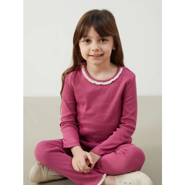 LCW Kids Pembe Bisiklet Yaka Basic Kız Çocuk Bluz ve Tayt 2li