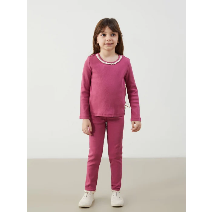 LCW Kids Pembe Bisiklet Yaka Basic Kız Çocuk Bluz ve Tayt 2li