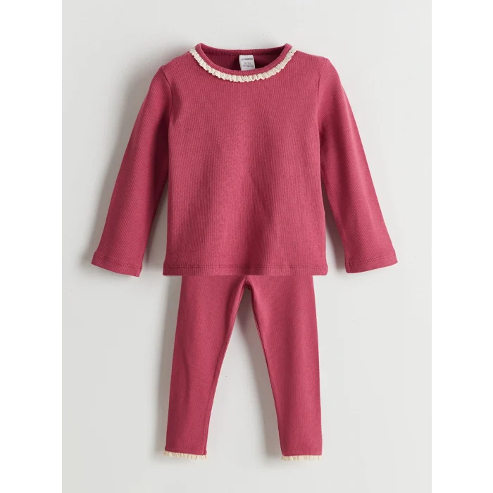 LCW Kids Pembe Bisiklet Yaka Basic Kız Çocuk Bluz ve Tayt 2li