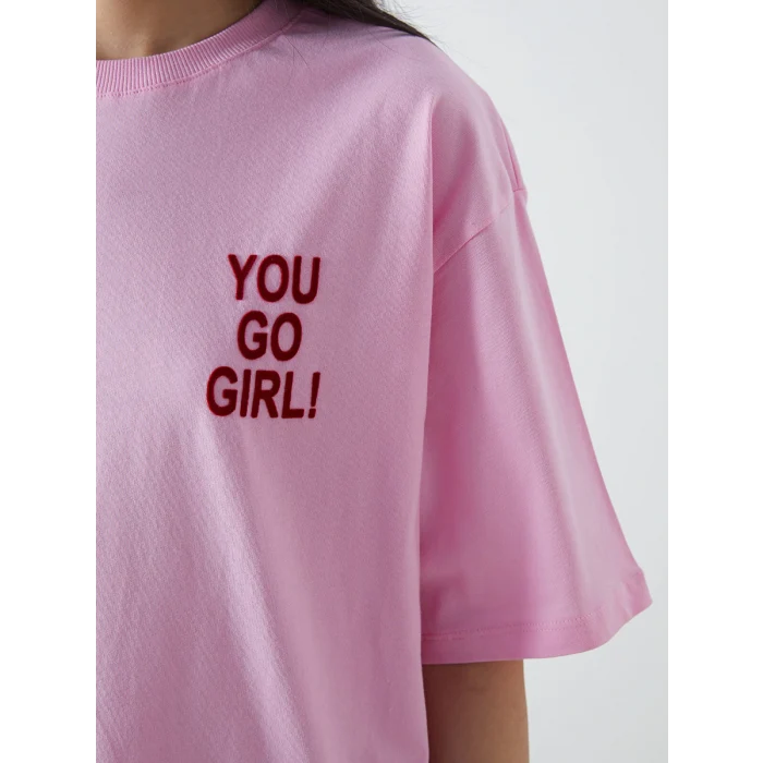 LCW Vision Pembe Bisiklet Yaka Baskılı Kadın Tişört