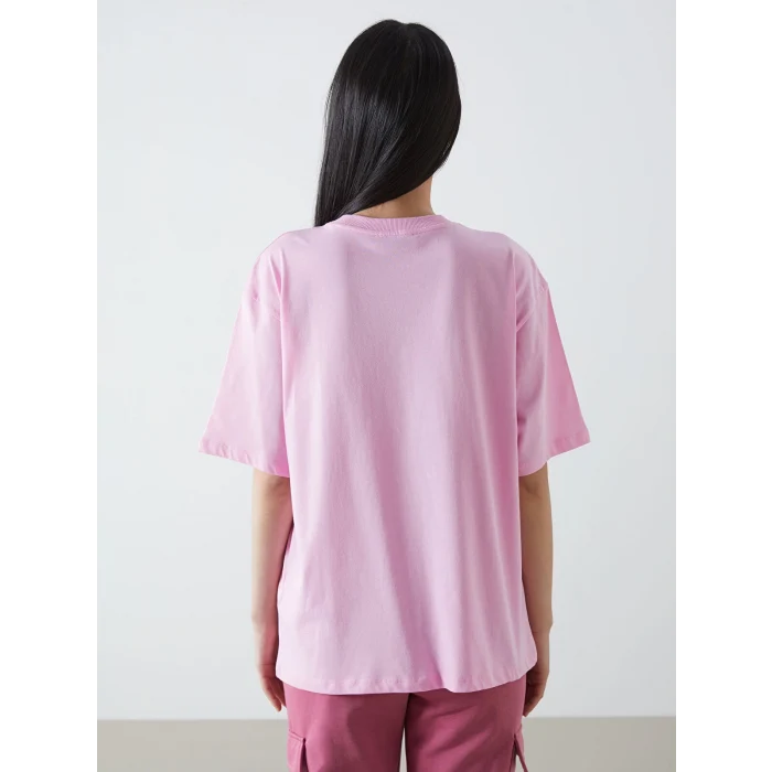 LCW Vision Pembe Bisiklet Yaka Baskılı Kadın Tişört