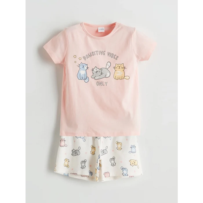 LCW Kids Pembe Baskılı Penye Kız Çocuk Şortlu Pijama Takım