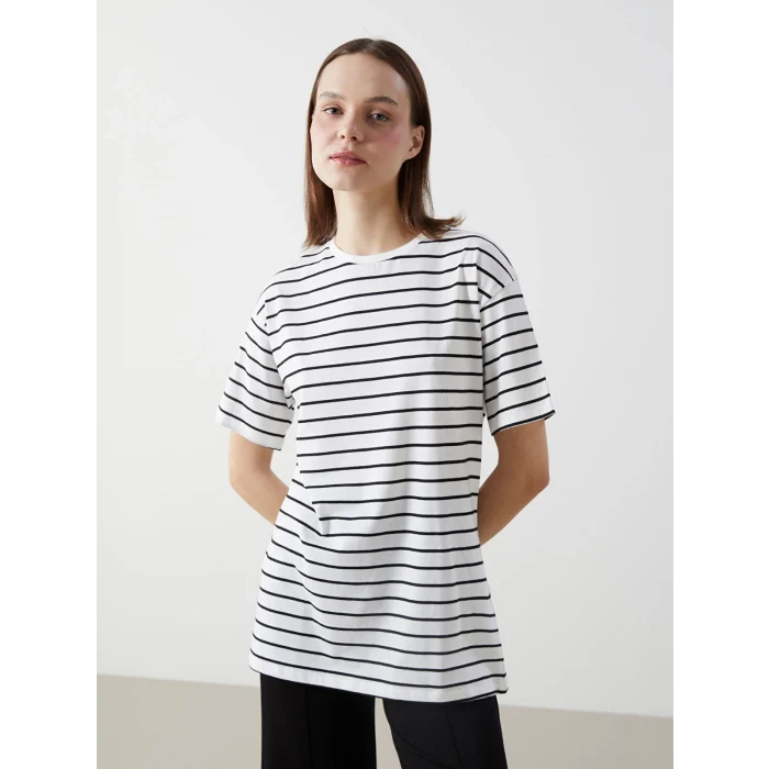 XSIDE Siyah Bisiklet Yaka Çizgili Kadın Tişört