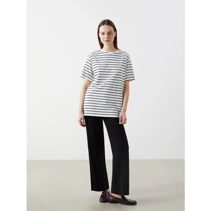 XSIDE Siyah Bisiklet Yaka Çizgili Kadın Tişört
