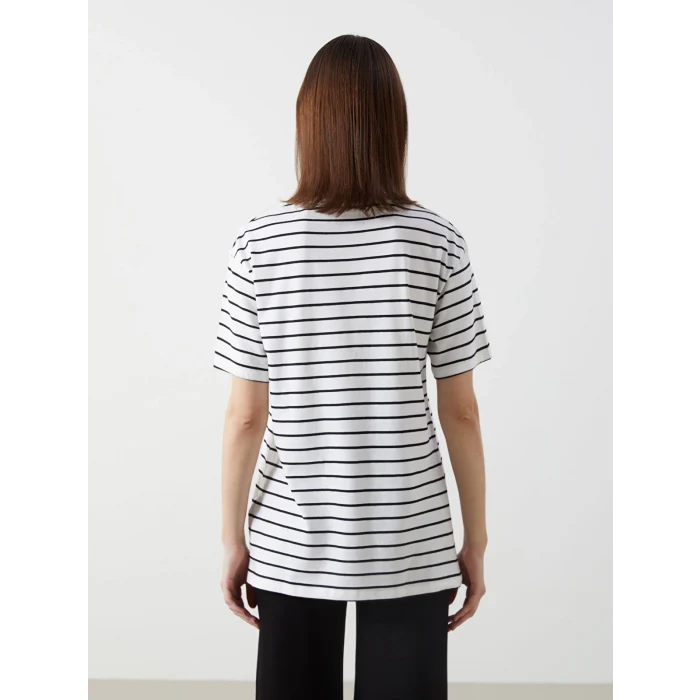 XSIDE Siyah Bisiklet Yaka Çizgili Kadın Tişört