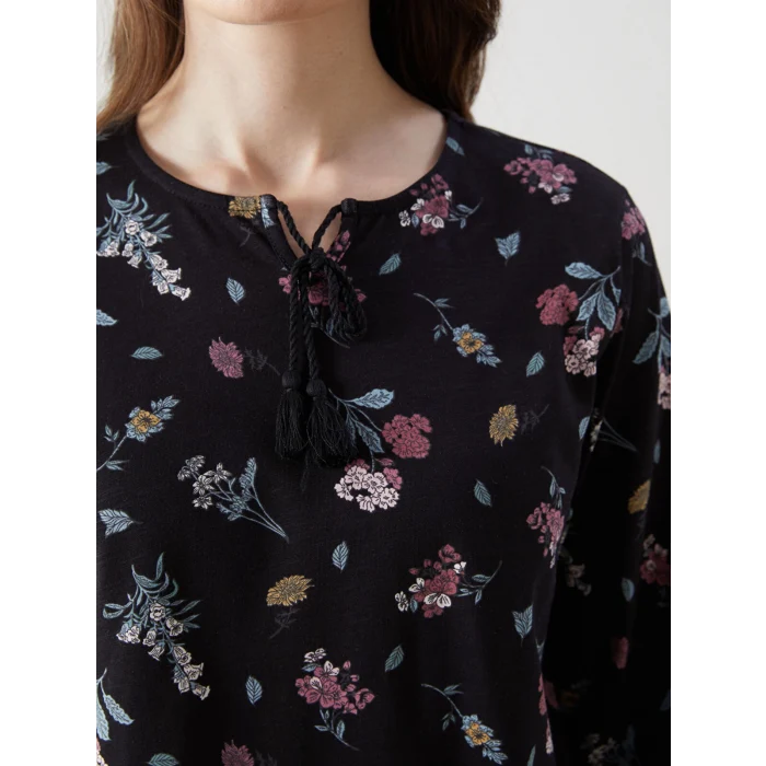 LCW Grace Siyah Bağlamalı Yaka Çiçekli Kadın Bluz