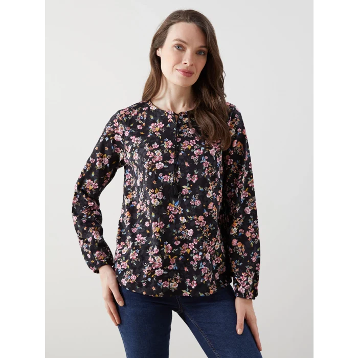 LCW Grace Siyah Bağlamalı Yaka Çiçekli Kadın Bluz