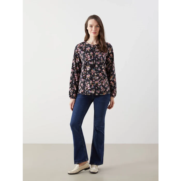 LCW Grace Siyah Bağlamalı Yaka Çiçekli Kadın Bluz