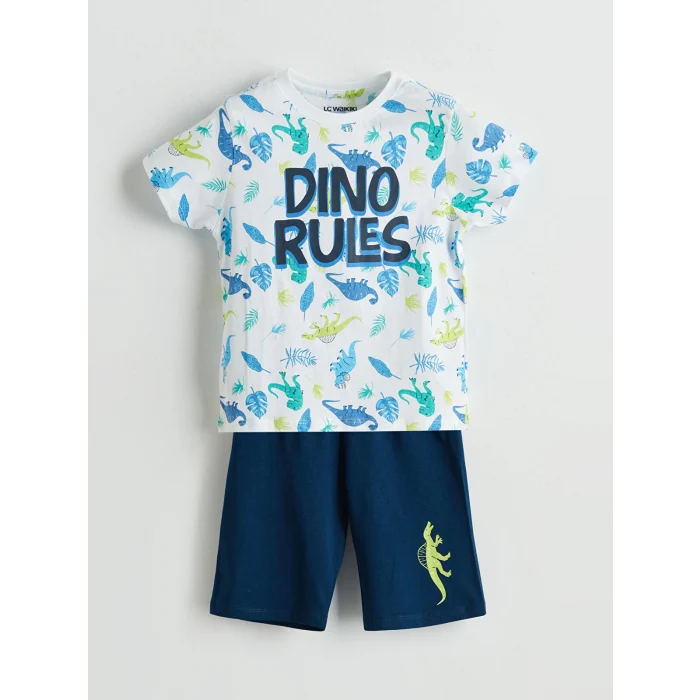 LCW Kids Beyaz Dinozor Baskılı Erkek Çocuk Şortlu Pijama Takımı