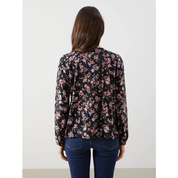 LCW Grace Siyah Bağlamalı Yaka Çiçekli Kadın Bluz