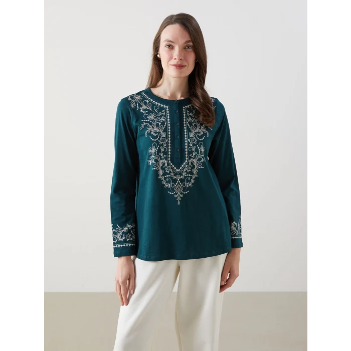 LCW Grace Yeşil Bisiklet Yaka Desenli Kadın Bluz