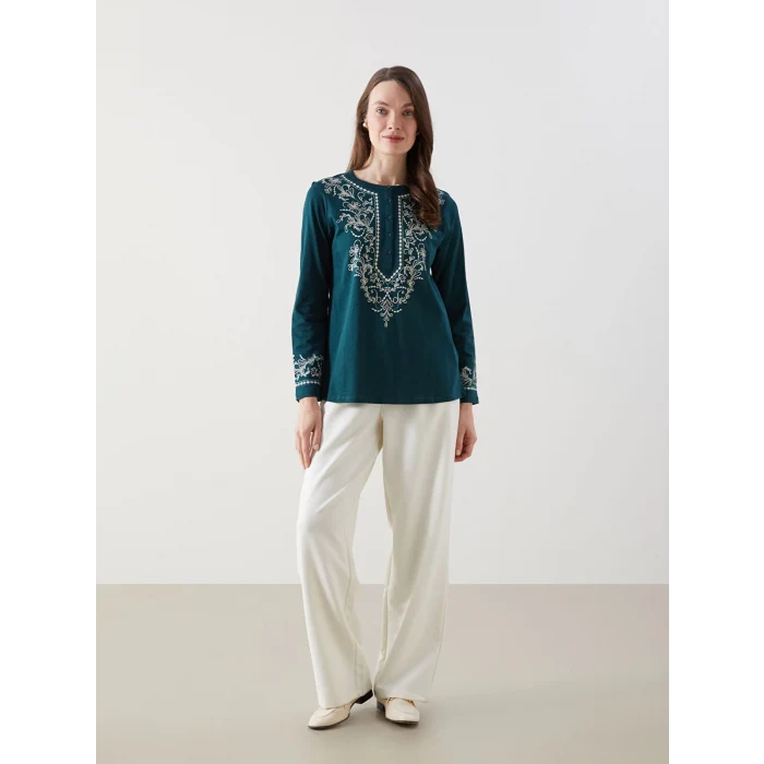 LCW Grace Yeşil Bisiklet Yaka Desenli Kadın Bluz