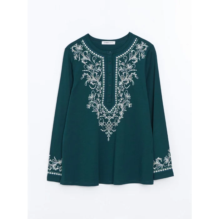 LCW Grace Yeşil Bisiklet Yaka Desenli Kadın Bluz