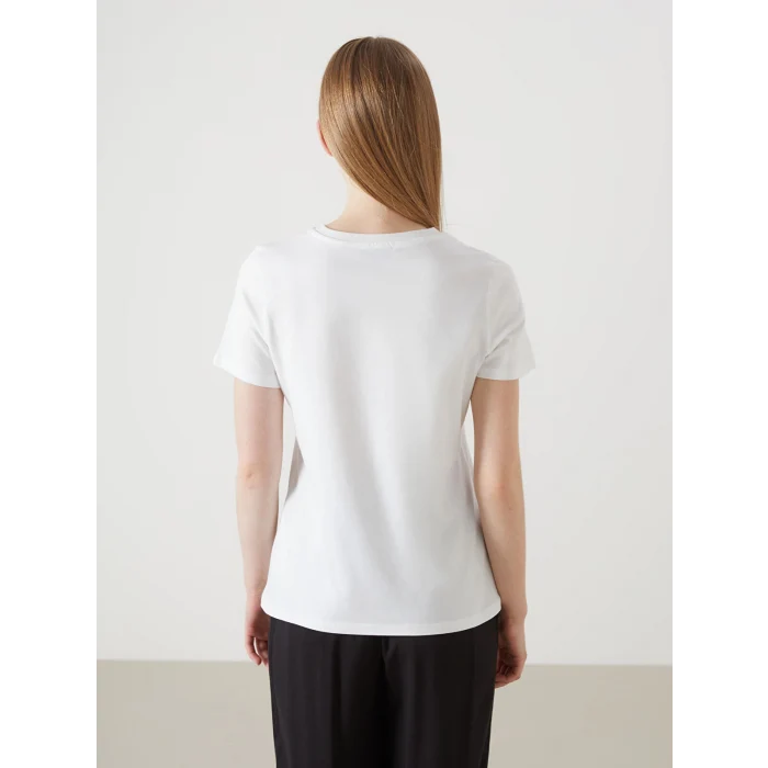 LCW Vision Ekru Bisiklet Yaka Nakışlı Kadın Tişört