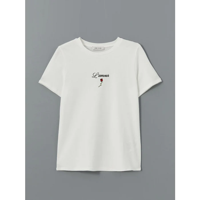 LCW Vision Ekru Bisiklet Yaka Nakışlı Kadın Tişört