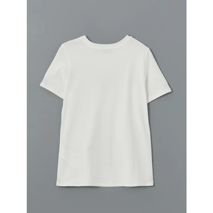 LCW Vision Ekru Bisiklet Yaka Nakışlı Kadın Tişört