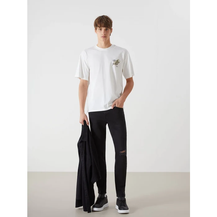 XSIDE Ekru Bisiklet Yaka Baskılı Erkek Tişört