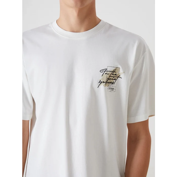 XSIDE Ekru Bisiklet Yaka Baskılı Erkek Tişört