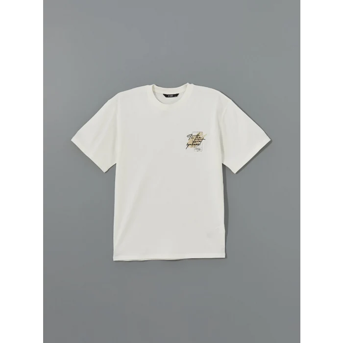 XSIDE Ekru Bisiklet Yaka Baskılı Erkek Tişört