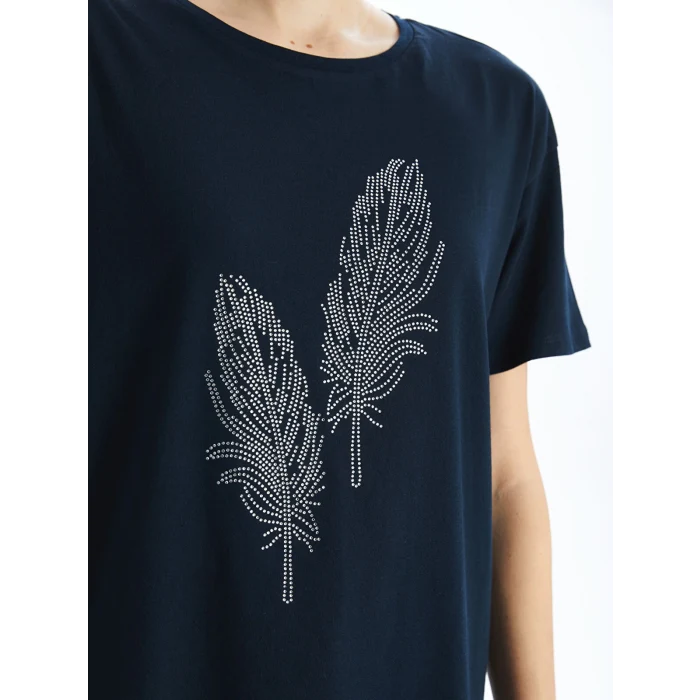 LCWAIKIKI Classic Lacivert Bisiklet Yaka Taşlı Kadın Tişört