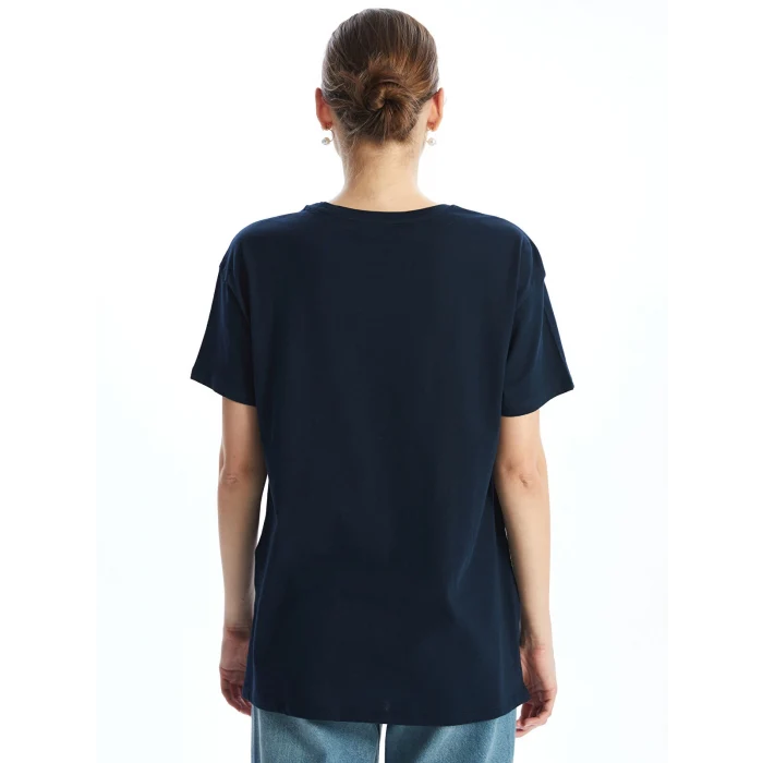 LCWAIKIKI Classic Lacivert Bisiklet Yaka Taşlı Kadın Tişört