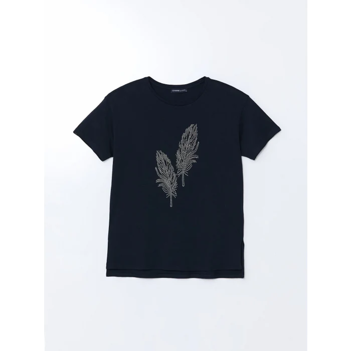 LCWAIKIKI Classic Lacivert Bisiklet Yaka Taşlı Kadın Tişört