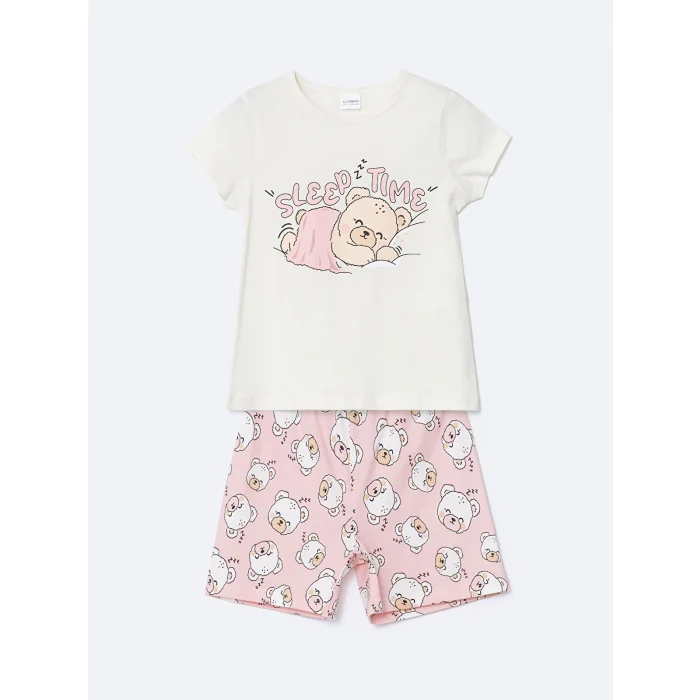 LCW Kids Ekru Baskılı Kız Çocuk Pamuklu Şortlu Pijama Takımı