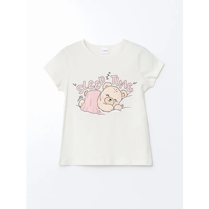 LCW Kids Ekru Baskılı Kız Çocuk Pamuklu Şortlu Pijama Takımı
