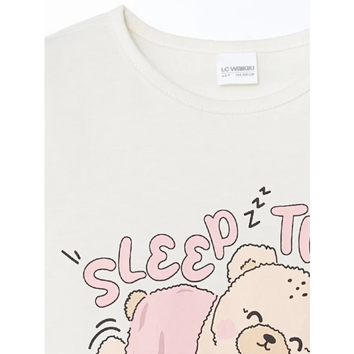 LCW Kids Ekru Baskılı Kız Çocuk Pamuklu Şortlu Pijama Takımı