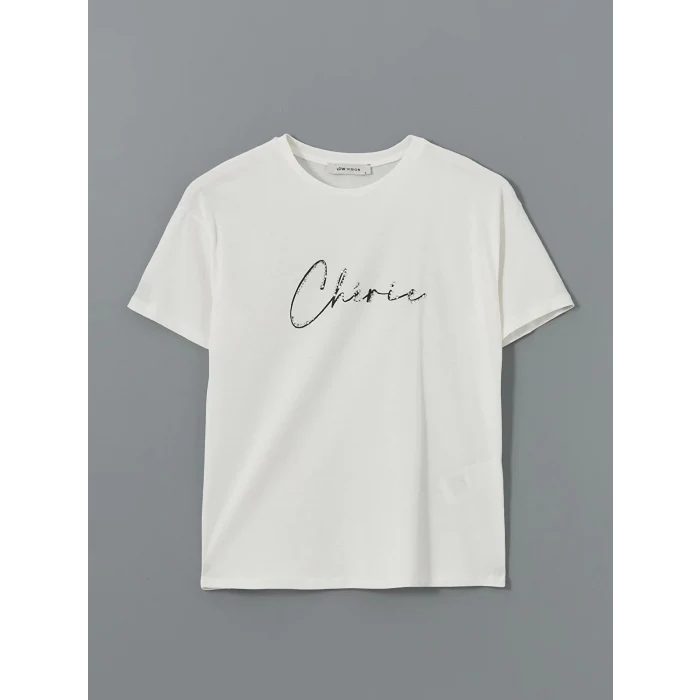 LCW Vision Ekru Bisiklet Yaka Taşlı Kadın Tişört