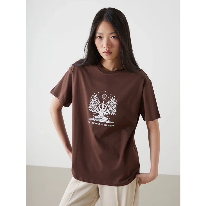 LCW Vision Kahverengi Bisiklet Yaka Baskılı Kadın Tişört