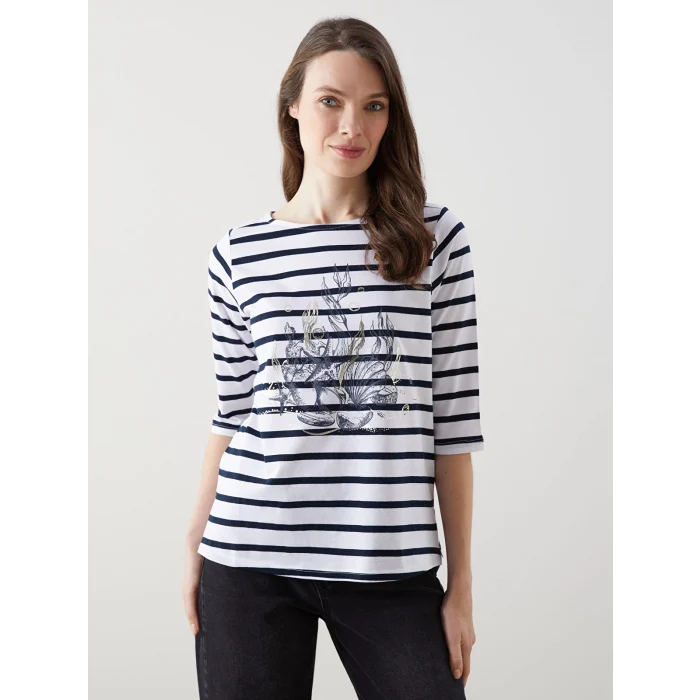 LCW Grace Lacivert Bisiklet Yaka Çizgili Kadın Tişört