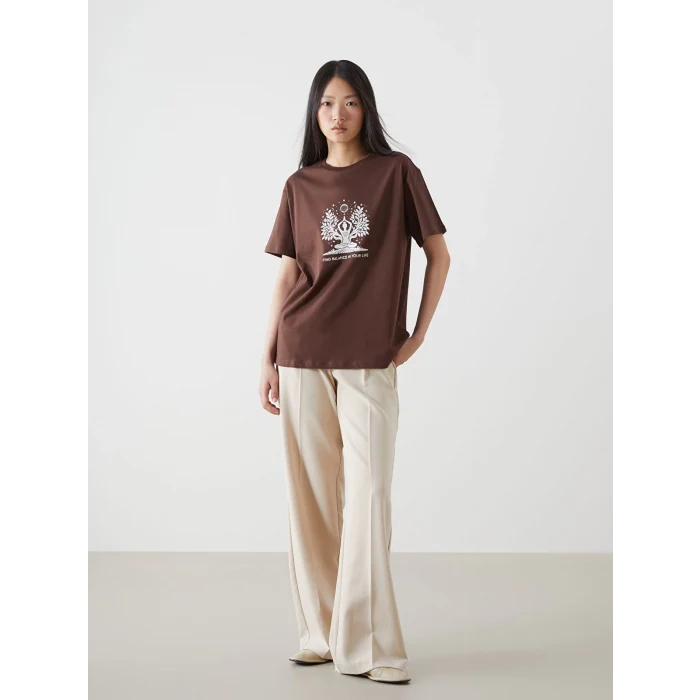 LCW Vision Kahverengi Bisiklet Yaka Baskılı Kadın Tişört