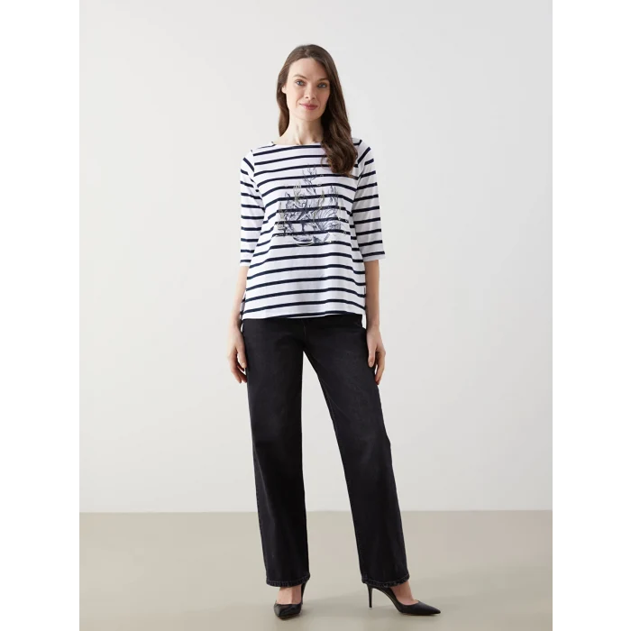 LCW Grace Lacivert Bisiklet Yaka Çizgili Kadın Tişört