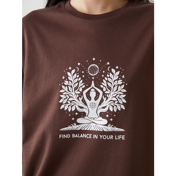 LCW Vision Kahverengi Bisiklet Yaka Baskılı Kadın Tişört