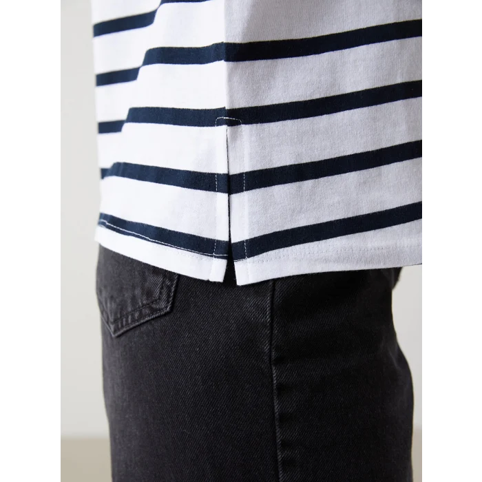 LCW Grace Lacivert Bisiklet Yaka Çizgili Kadın Tişört