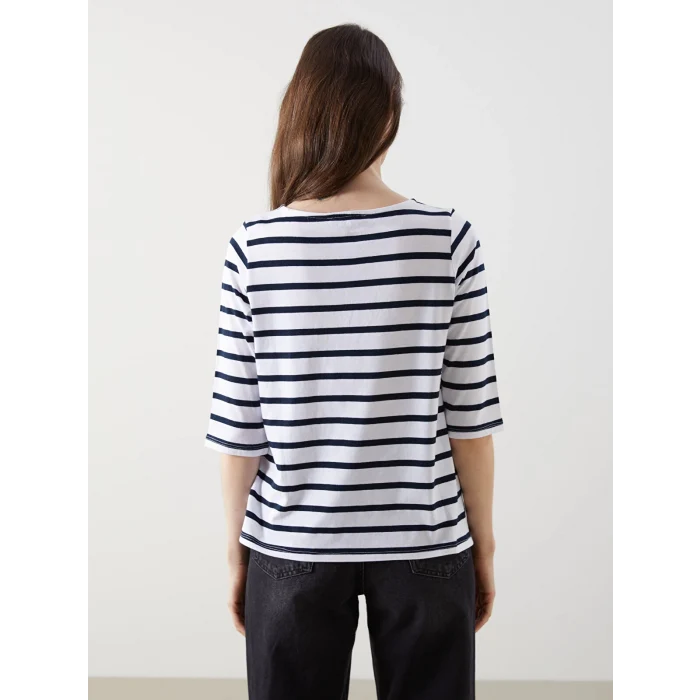 LCW Grace Lacivert Bisiklet Yaka Çizgili Kadın Tişört
